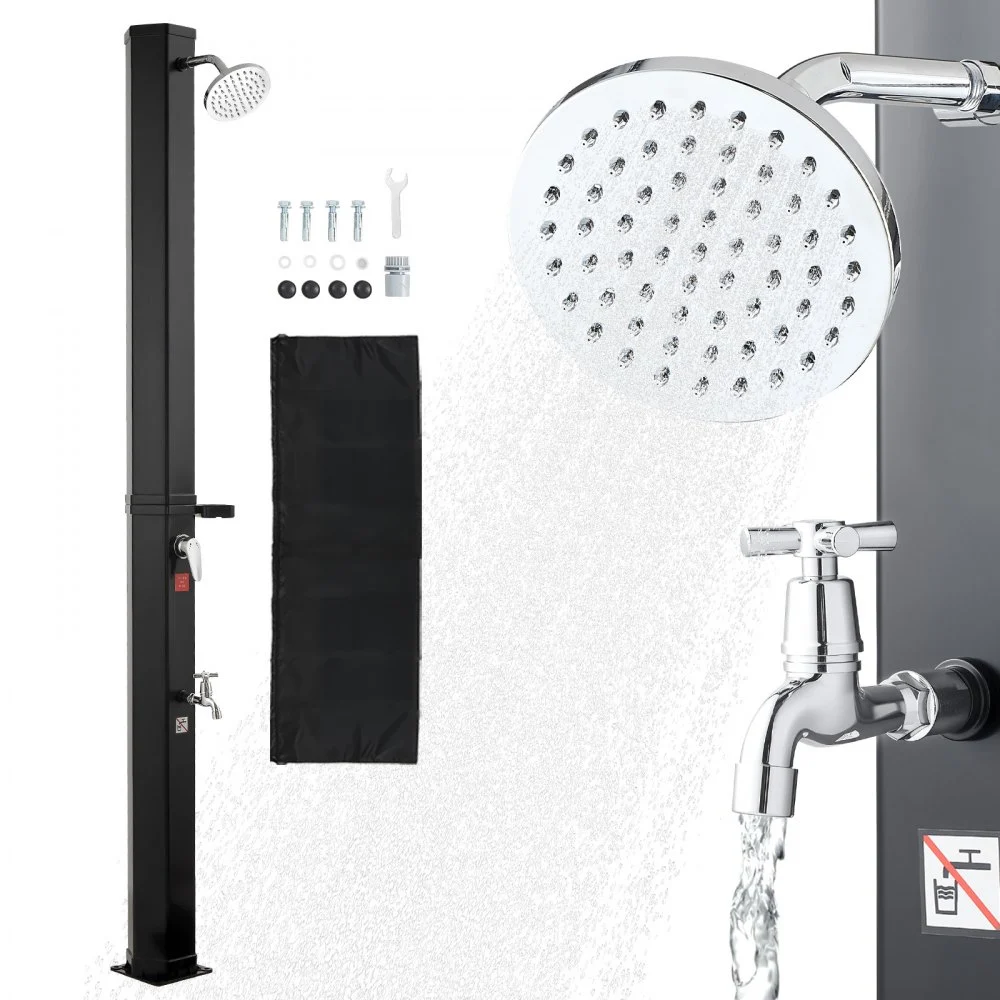VEVOR 9.2 Gal Solar Heated Shower, 6.4ft Showerhead Height Outdoor Shower, with Foot Faucet & Soap Box Rack, Hot & Cold Water Adjustment, Freestanding for Backyard Poolside Beach Pool,Black