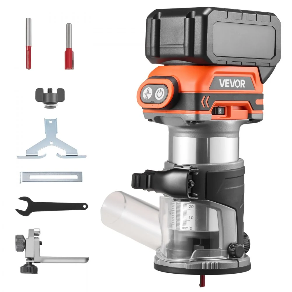 VEVOR Cordless Wood Router, 18V Brushless, Compact Variable Speed Palm Router with Fixed Base, 1/4-Inch Collet, Edge Trimmer Tool for Woodworking, Compatible with Makita 18V Batteries (No Battery)