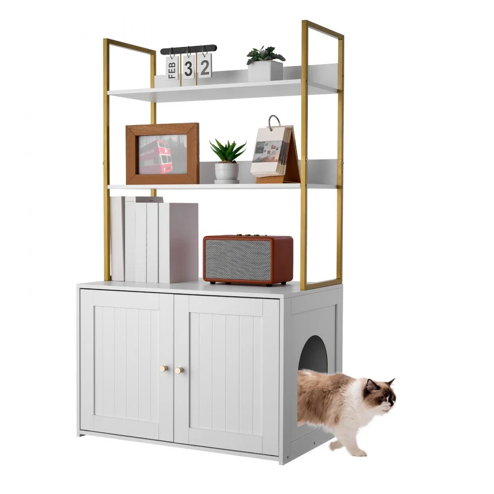 VEVOR Cat Litter Box Enclosure Furniture, 27.6 in Hidden Litter Box Cabinet with Metal Legs & 2-Tier Storage Shelves, Waterproof Cat Washroom Cat House, Fit Most of Litterbox, for Living Room