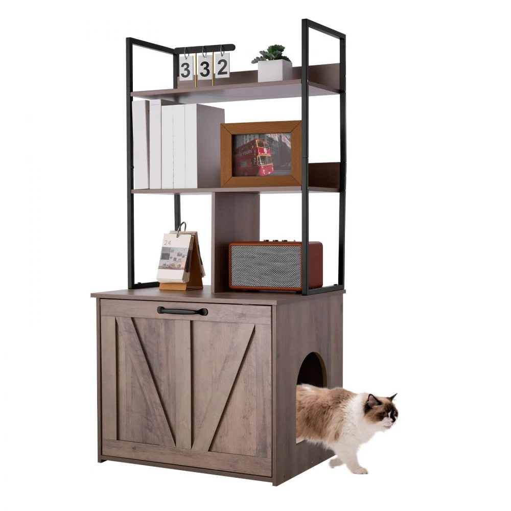 VEVOR Cat Litter Box Enclosure Furniture, 23.6 in Hidden Litter Box Cabinet with Storage Shelves, Modern Style, Waterproof Cat Washroom Side Table Cat House, Fit Most of Litterbox, for Living Room