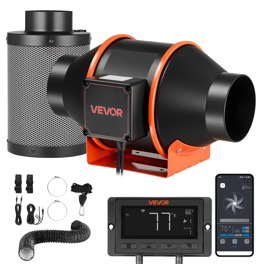 VEVOR Inline Duct Fan Kit Carbon Filter, 205 CFM 4 inch EC Motor Exhaust Ventilation Fan with 10-Speed, PWM Controller, App Control, Timer, Cooling System for Grow Tent, Indoor Gardening, Hydroponics