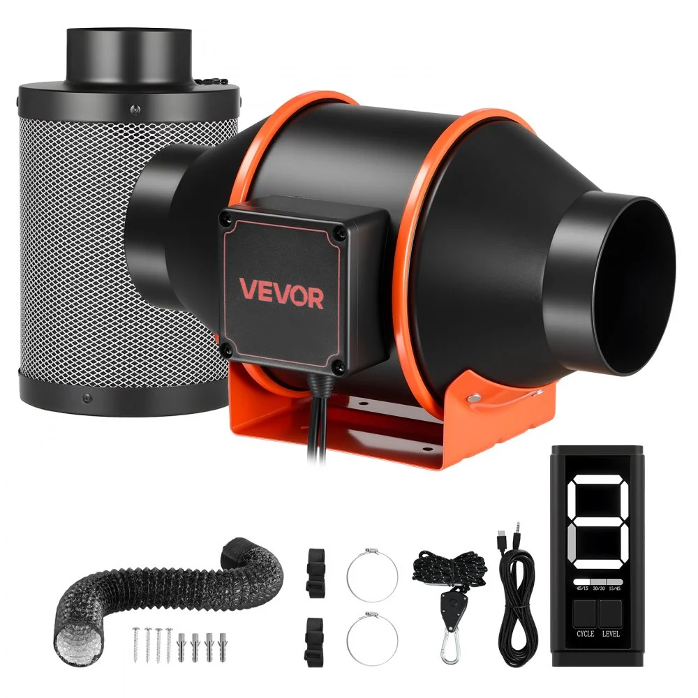 VEVOR Inline Duct Fan Kit with Carbon Filter, 205 CFM 4 inch EC Motor Ventilation Fan with 3-Speed Circulation, 10-Speed PWM Controller, Timer, Cooling for Grow Tents, Indoor Gardening, Hydroponics
