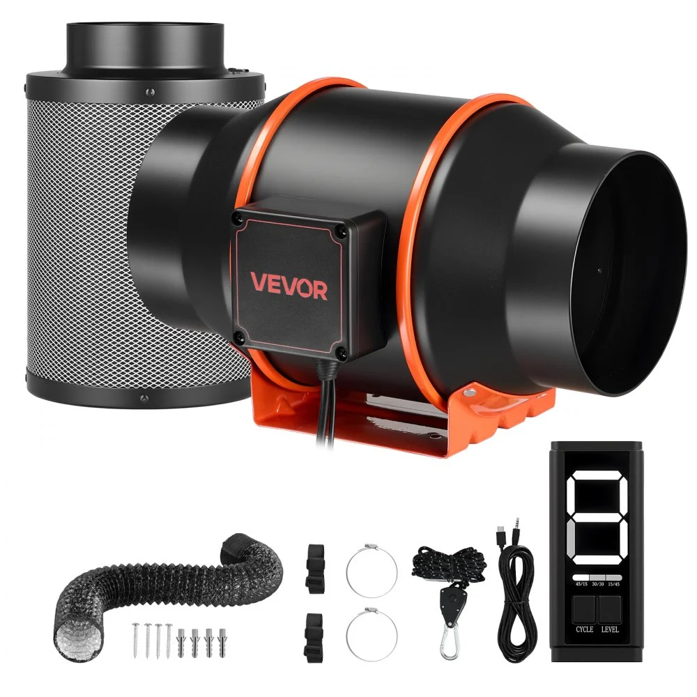 VEVOR Inline Duct Fan Kit with Carbon Filter, 402 CFM 6 inch EC Motor Ventilation Fan with 3-Speed Circulation, 10-Speed PWM Controller, Timer, Cooling for Grow Tents, Indoor Gardening, Hydroponics