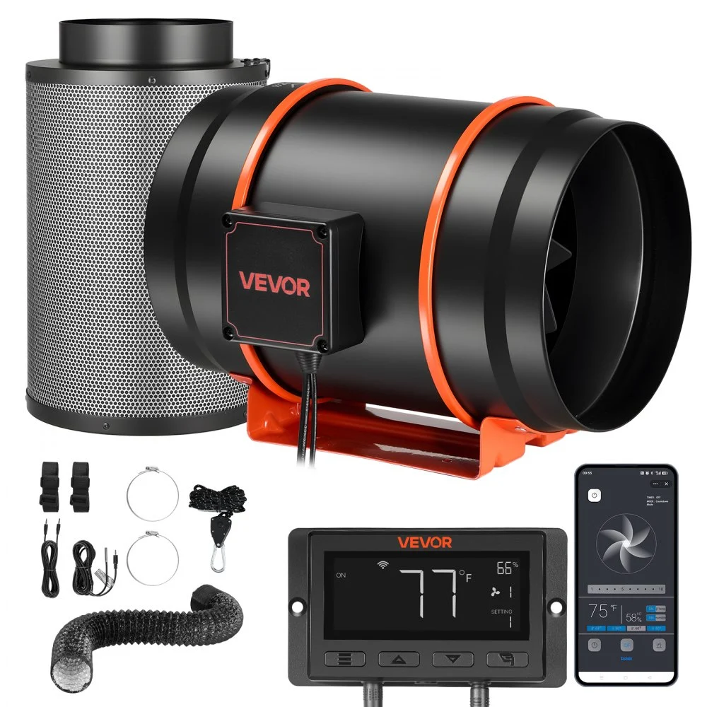 VEVOR Inline Duct Fan Kit Carbon Filter, 807 CFM 8 inch EC Motor Exhaust Ventilation Fan with 10-Speed, PWM Controller, App Control, Timer, Cooling for Grow Tent, Indoor Gardening, Hydroponics
