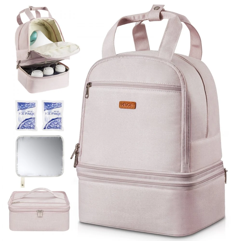 VEVOR Breast Pump Backpack, Breast Feeding Bag with Ice Pack, Fits for S1/S2, Pumping Accessories & Breastmilk Storage, Portable Pump Carrying Case for Work, Travel and Family Use, Light Pink