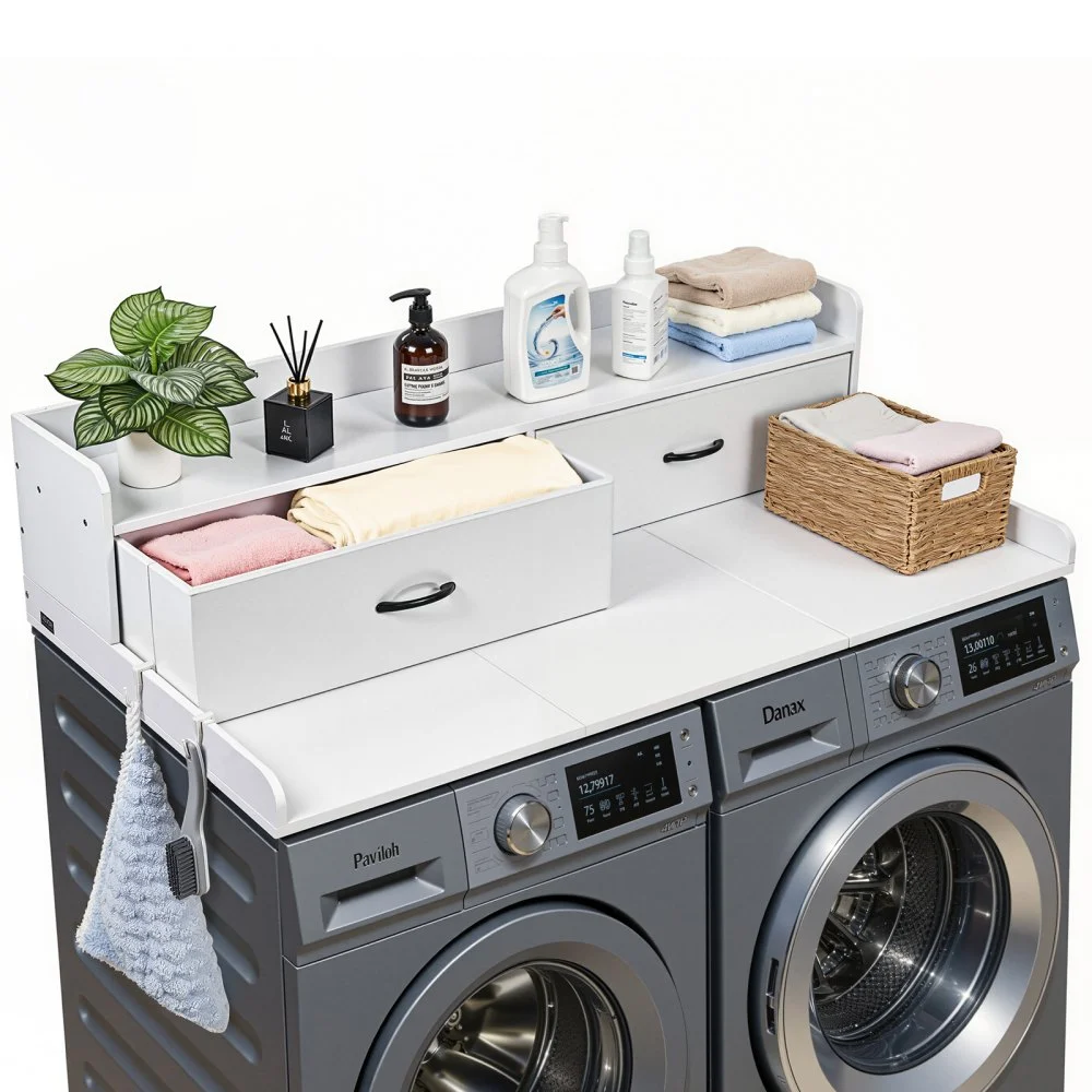 VEVOR Washer Dryer Countertop with Shelf, 54 x 27.5 in Wooden Washer and Dryer Topper with 2 Drawers & 2 Hooks, Laundry Machine Topper for Laundry Closet Pantry Counter Organization and Storage, White