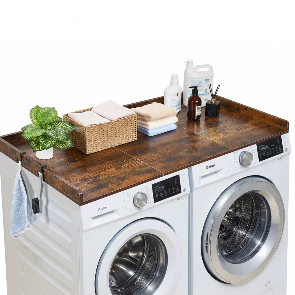 VEVOR Washer Dryer Countertop, 54 x 27.5 in Wooden Washer and Dryer Topper with Edge & 2 Hooks, Water-Resistant Laundry Machine Topper for Laundry Closet Pantry Counter Organization and Storage, Brown