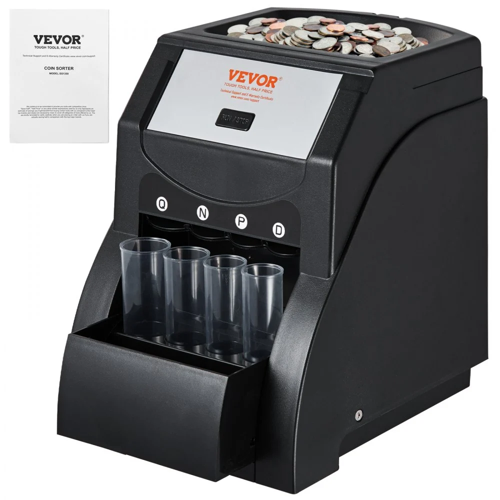 VEVOR USD Coin Sorter, Coin Sorter Machine for USD Coin 1¢ 5¢ 10¢ 25¢, Sorts up to 230 Coins/min, Coin Sorter and Wrapper Machine Holds 200 Coins Included 4 Coin Tubes, Black