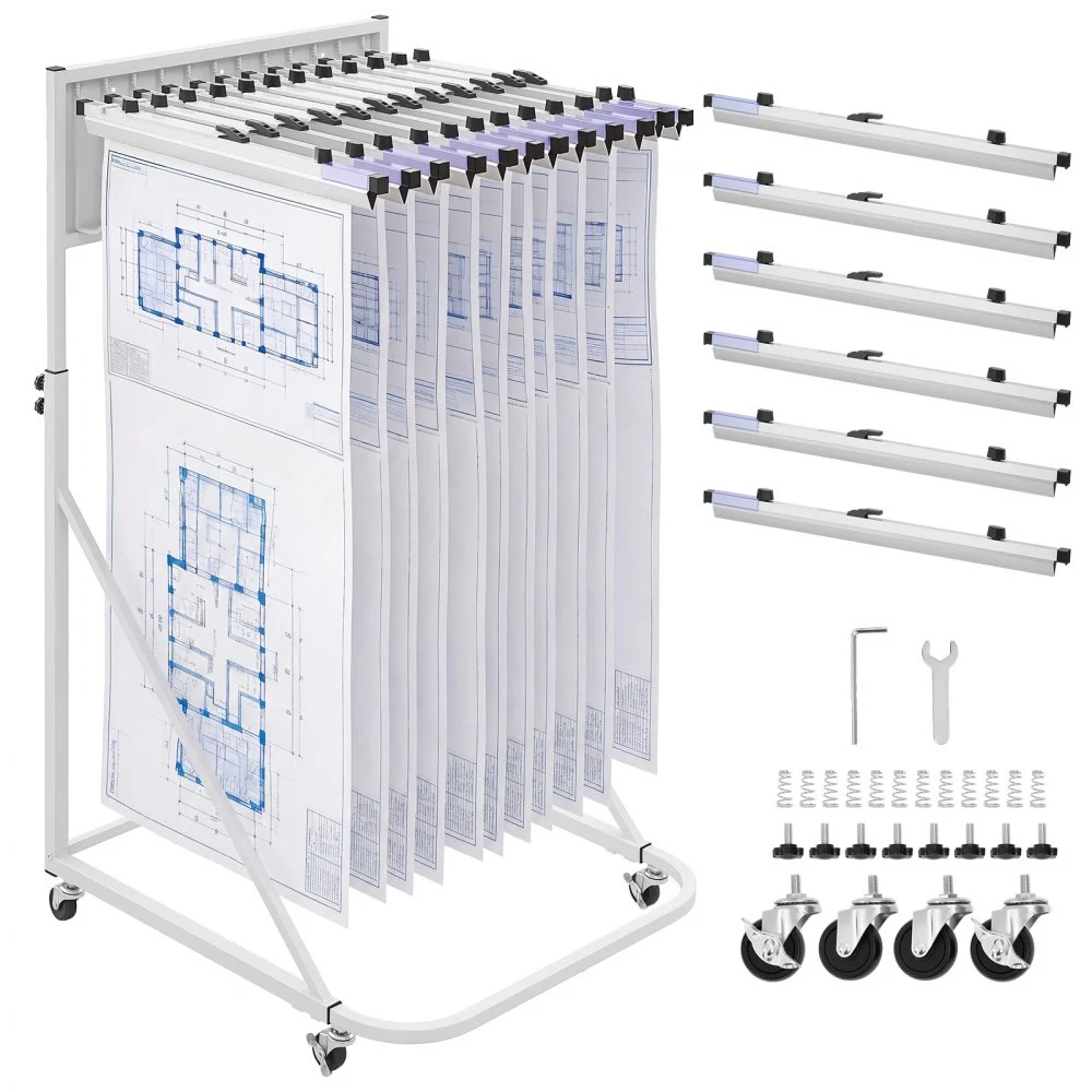 VEVOR Blueprint Storage Rack, Steel, Mobile Adjustable Blueprint Holder with 6 Pack of 24 Inch Aluminum Clamps, 4 Wheels, Display Rack Storage Organizer Stand, for File Display Plan Poster Office Home