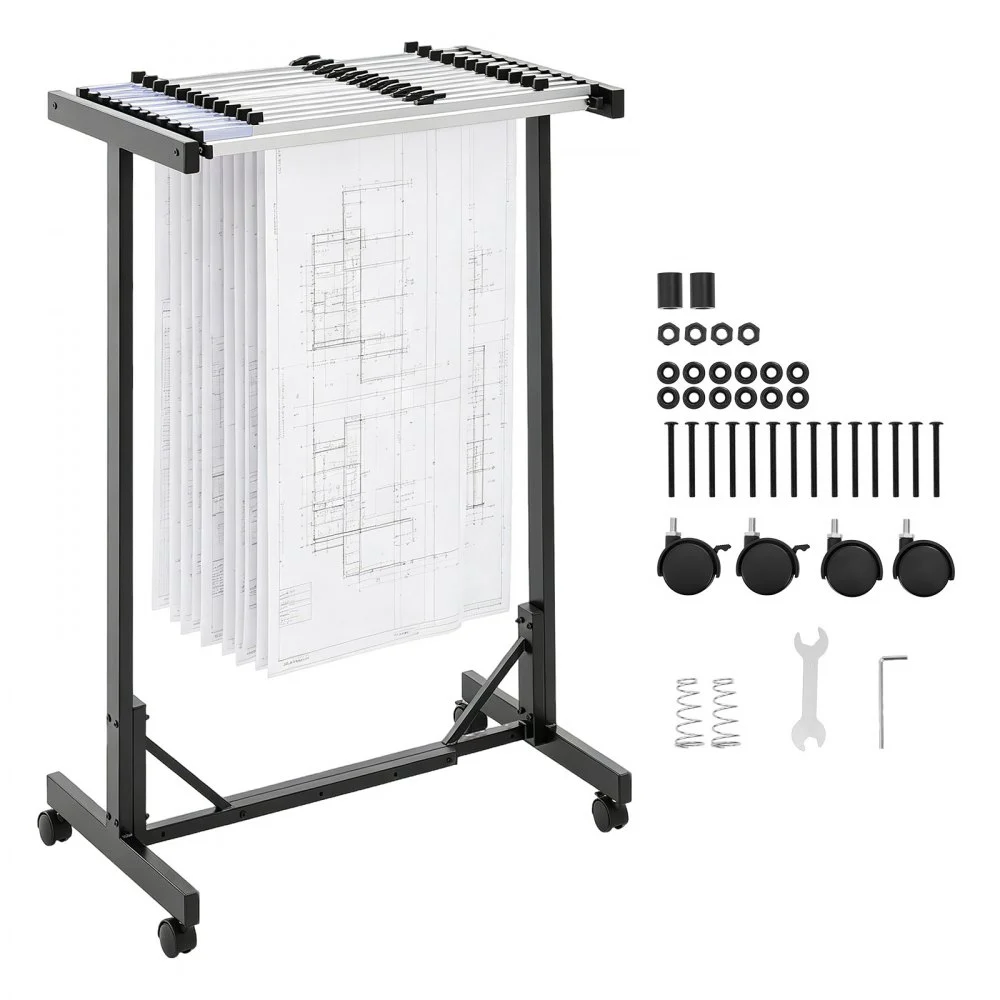 VEVOR Blueprint Storage Rack, Steel, Mobile Adjustable Blueprint Holder with 12 Pack of 30 Inch Aluminum Clamps, Wheels, Display Rack Storage Organizer Stand, for File Display Plan Poster Office Home