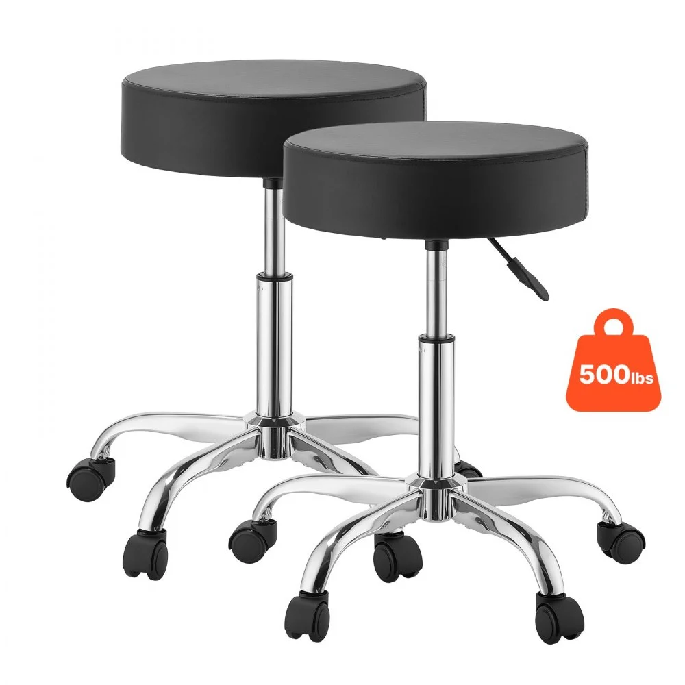 VEVOR Rolling Stools with Wheels, Set of 2, 500 lbs Weight Capacity, Height Adjustable, Thick Cushion Ergonomic PU Leather Seat, 360° Swivel Round Rolling Stool Chair for Salon, Spa, Clinic, Black