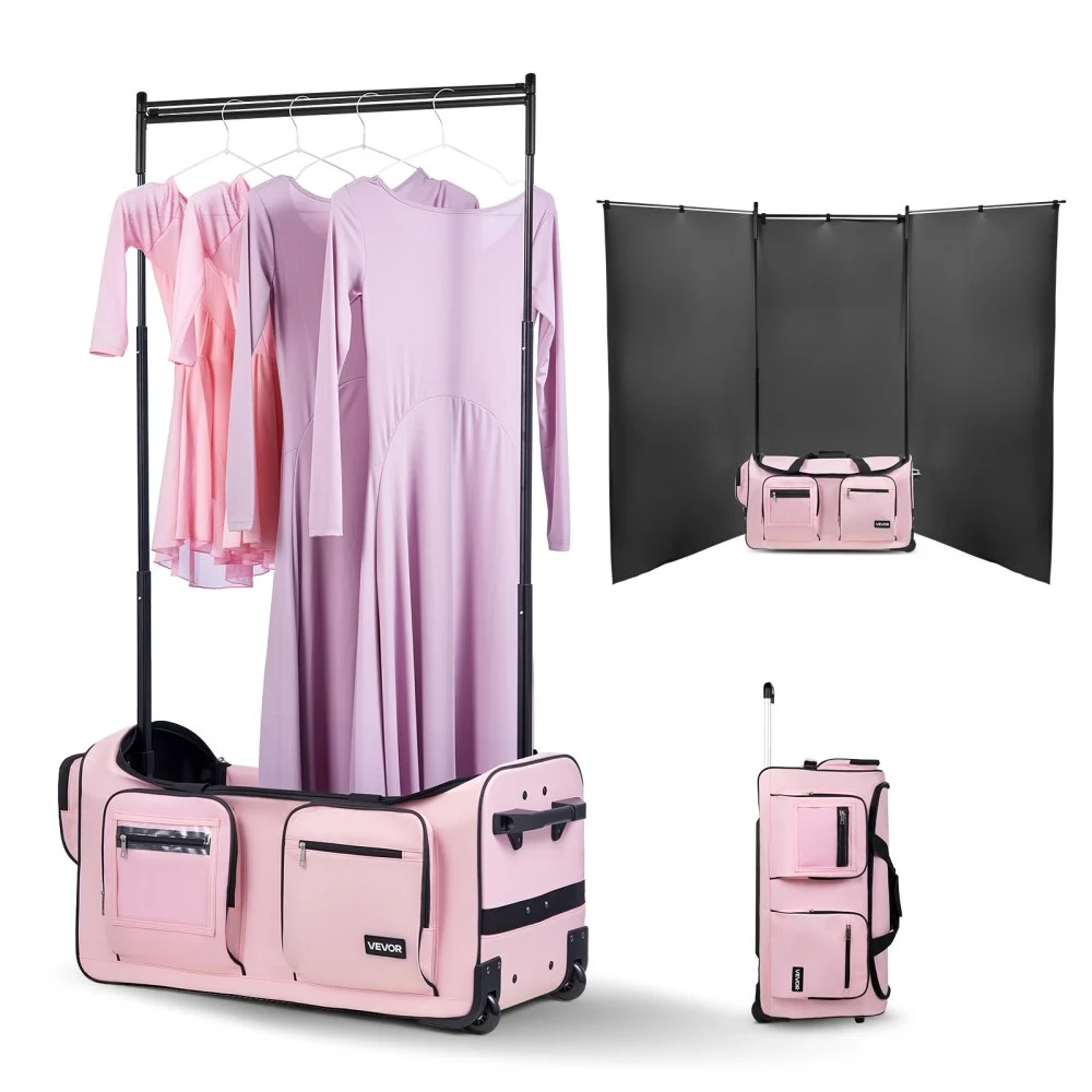VEVOR Dance Bag with Garment Rack, 29 Inch Rolling Dance Duffel, with Wheels, USB Port, Height Adjustable Clothes Rack, Privacy Protection Curtain, Ideal for Travel and Competitions, Matte Pink