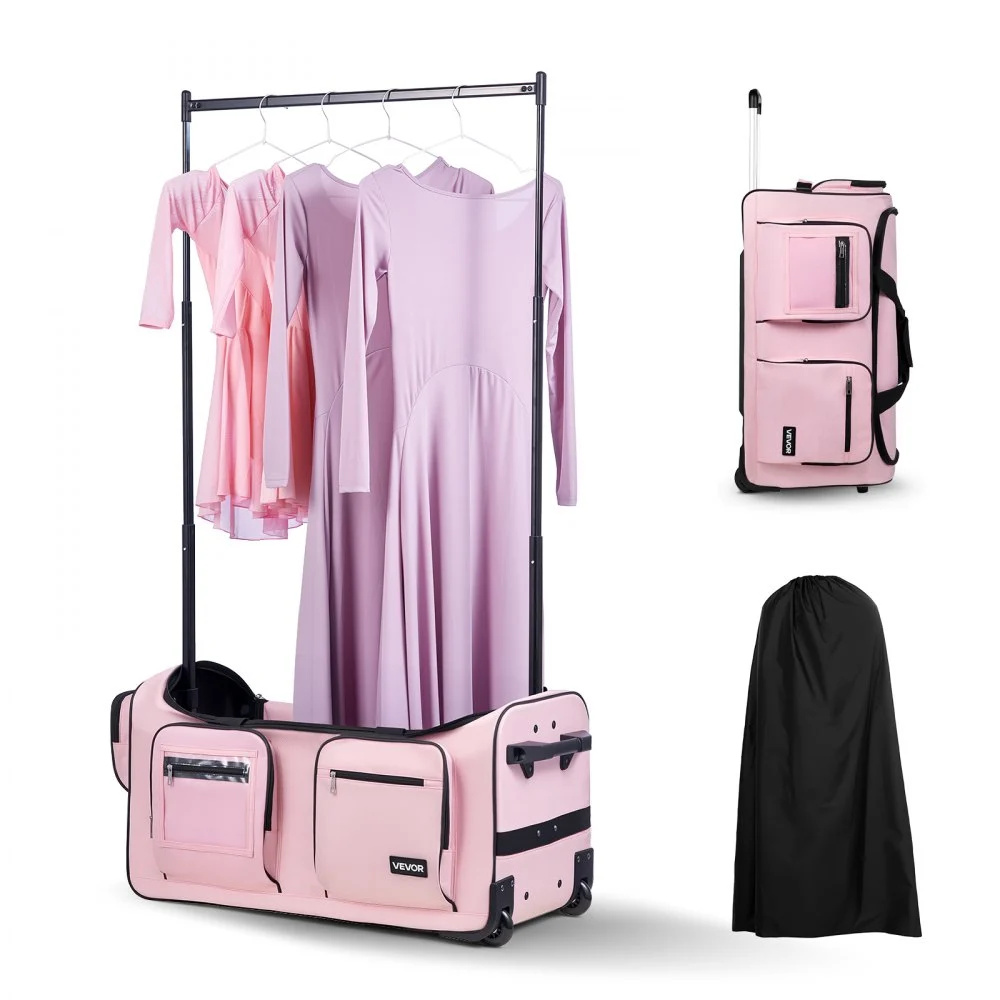 VEVOR Dance Bag with Garment Rack, 29 Inch Rolling Dance Duffel, with Wheels, Height Adjustable Clothes Rack, USB Port, Privacy Protection Curtain, Ideal for Travel and Competitions, Matte Pink