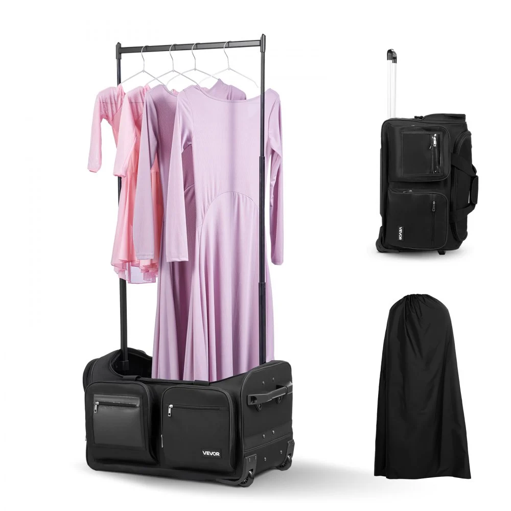 VEVOR Dance Bag with Garment Rack, 23 Inch Rolling Dance Duffel, with Wheels, USB Port, Height Adjustable Clothes Rack, Privacy Protection Curtain, Ideal for Travel and Competitions, Matte Black