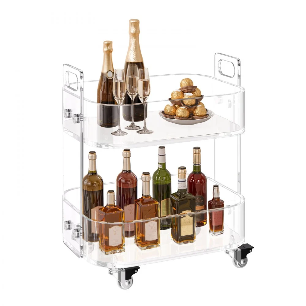 VEVOR Acrylic Table with Wheels, 2 Tiers Mobile Cart Table, Modern Rolling Acrylic Storage Desk, Clear Nightstand Side End Desk, for Living Room, Bedroom, Bar, Office, 12 x 16.3 x 18.9 in (Clear)