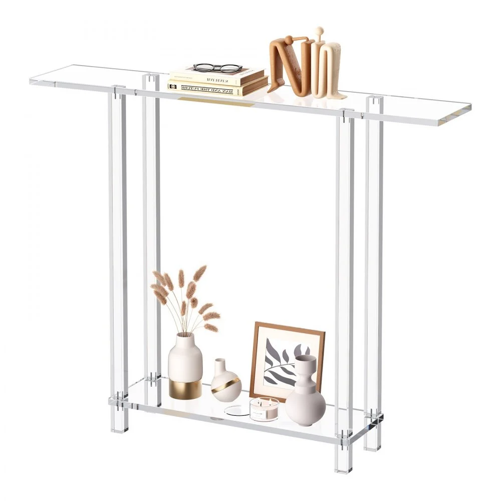 VEVOR Acrylic Console Table, 2 Tiers Narrow Side Desk with Bottom Open Storage, Modern Rectangle Acrylic End Table, Transparent Entry Desk for Foyer, Hallway, Living Room, 7.6 x 39.4 x 31.5 in (Clear)