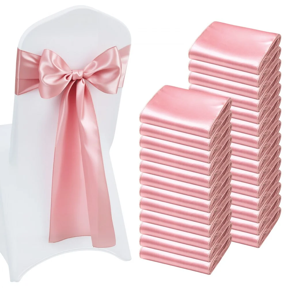 VEVOR Satin Chair Sashes Bows, 100PCS Chair Ribbon Ties Back Sash, 7 x 108 inch, Rose Gold Wedding Reception Decoration, for Wedding Ceremony Baby Shower Party Events Banquet Chair Cover Decoration