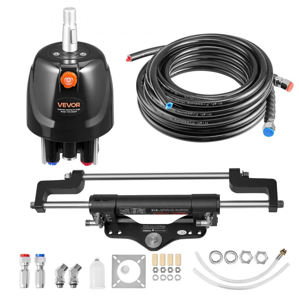Summer Sale
VEVOR Hydraulic Steering Kit, 200 HP, Marine Boat Hydraulic Steering System, with 6.9 MPa/1000 psi Helm Pump, Two-Way Lock Cylinder, and 26ft High-Strength Hoses, for Single Station, Single-Engine Use