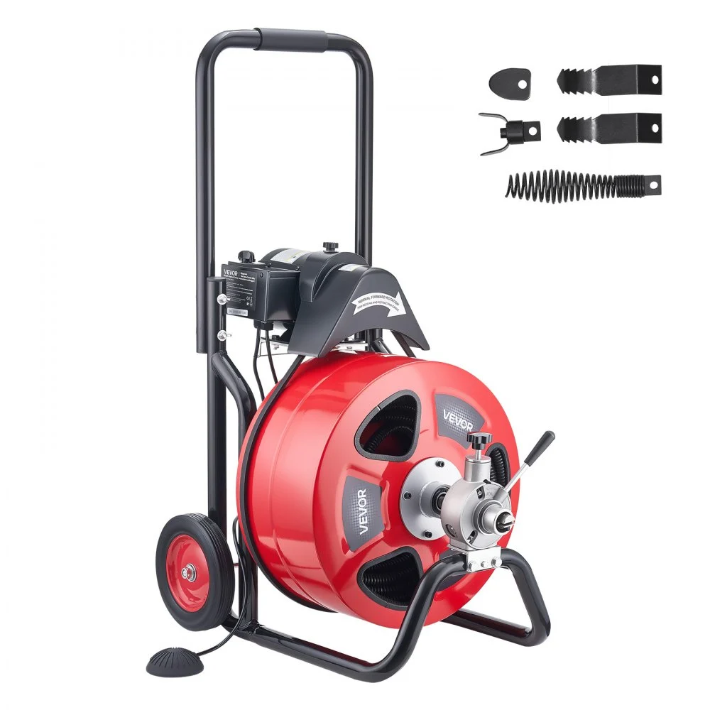 Summer Sale
VEVOR Drain Cleaner Machine 100 FT x 3/4 Inch, Auto Feed Sewer Snake Auger on Wheels, Portable Drain Cleaning Machine with 4 Cutters & Air-activated Foot Switch for 4" to 8" Pipes