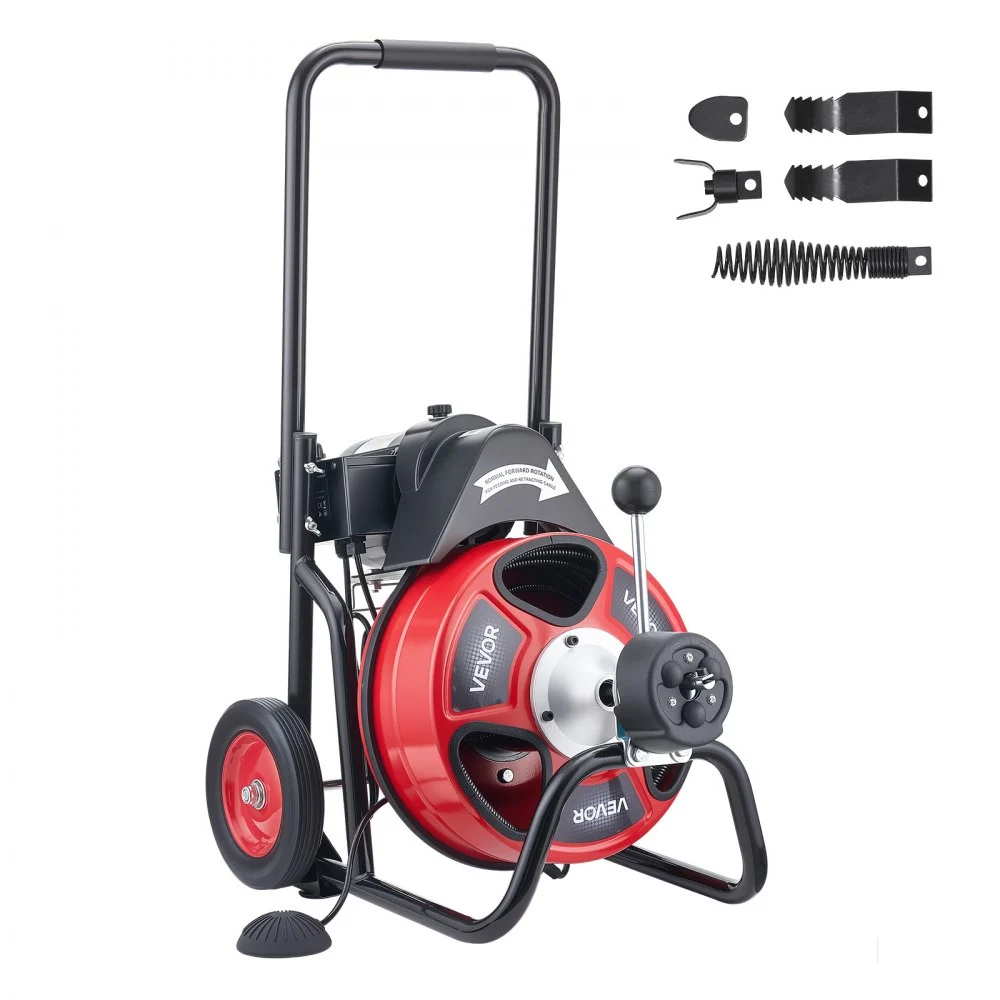 VEVOR Drain Cleaner Machine 75 FT x 3/8 Inch, Auto Feed Sewer Snake Auger on Wheels, Portable Drain Cleaning Machine with 4 Cutters & Air-activated Foot Switch for 2" to 4" Pipes