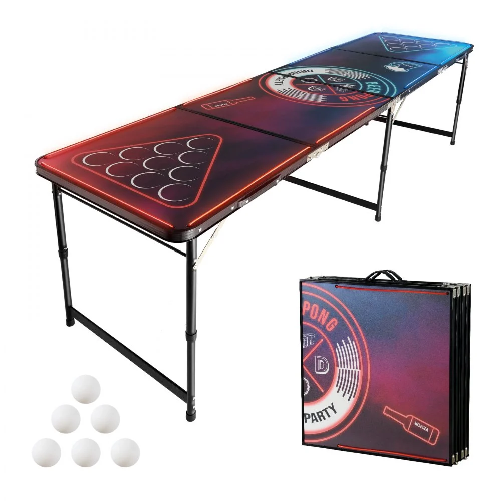 VEVOR 8 Foot Portable Beer Pong Table, LED Lights, Foldable Tailgate Table with Carrying Handles and 6 Pong Balls, Adjustable Height, Lightweight Table for Office, Tailgate Party, Travel & Camping