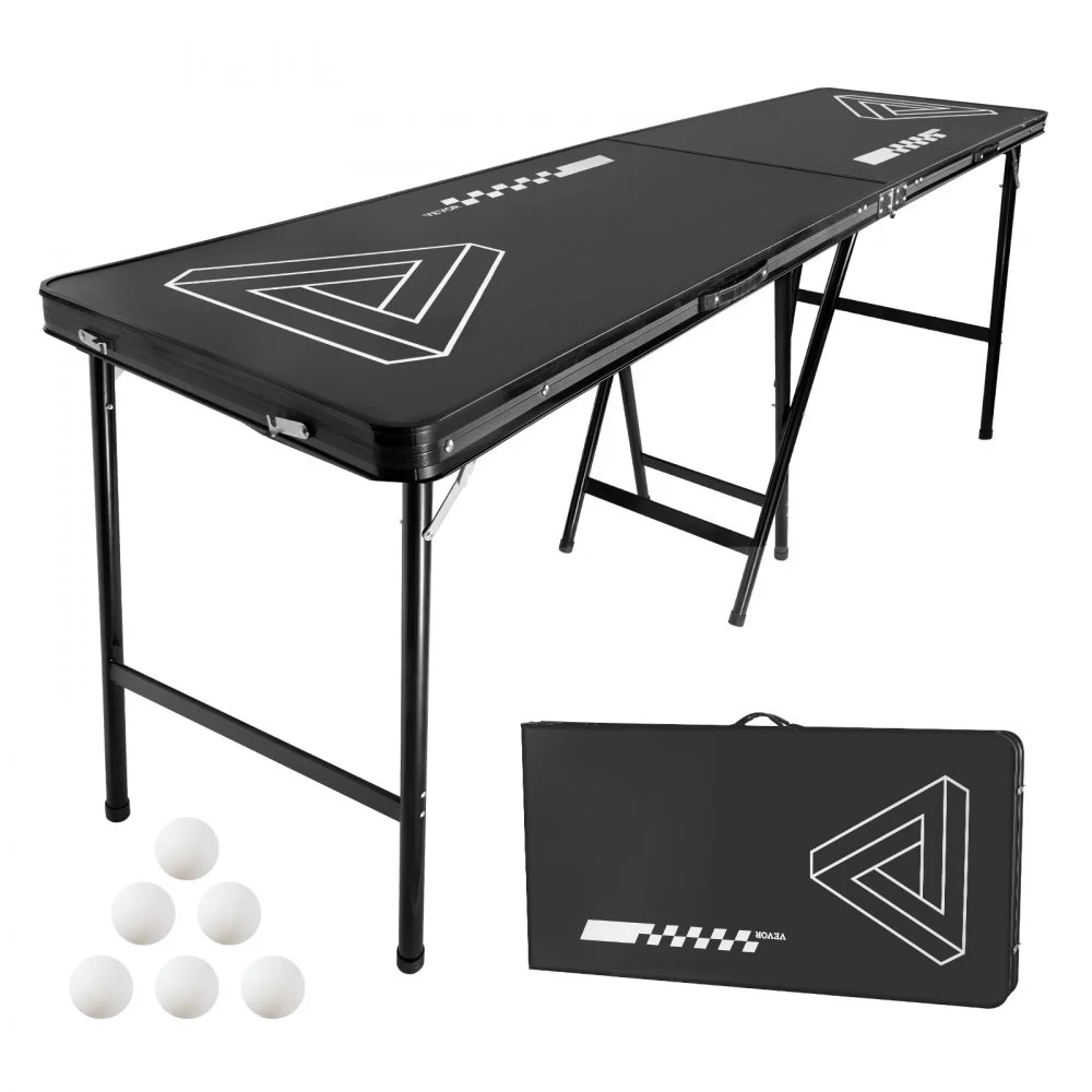 VEVOR 8 Foot Portable Beer Pong Table, Foldable 36 inch Heightened Table, Carrying Handles and 6 Pong Balls, Lightweight Tailgate Table for Office, Tailgate Party, Travel & Camping, Black