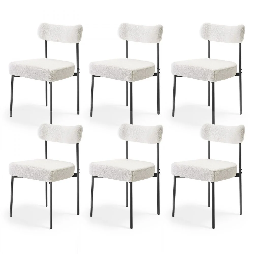 VEVOR Boucle Dining Chairs Set of 6, Mid Century Modern Sherpa Accent Chairs, Upholstered Side Chair for Dining Table, Space-Saving White Kitchen Table Chair with Curved Backrest and Black Metal Legs