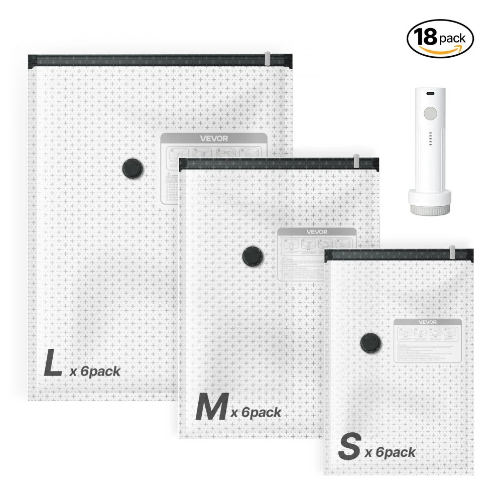 VEVOR Vacuum Storage Bags, 18 Pack Space Saver Vacuum Seal Bags for Clothing, with Pump and Charging Cable, Double Zipper Seal, Thickened PA and PE, Compression for Clothes Storage, Travel Luggage