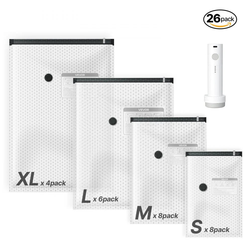 VEVOR Vacuum Storage Bags, 26 Pack Space Saver Vacuum Seal Bags for Clothing, with Pump and Charging Cable, Double Zipper Seal, Thickened PA and PE, Compression for Clothes Storage, Travel Luggage