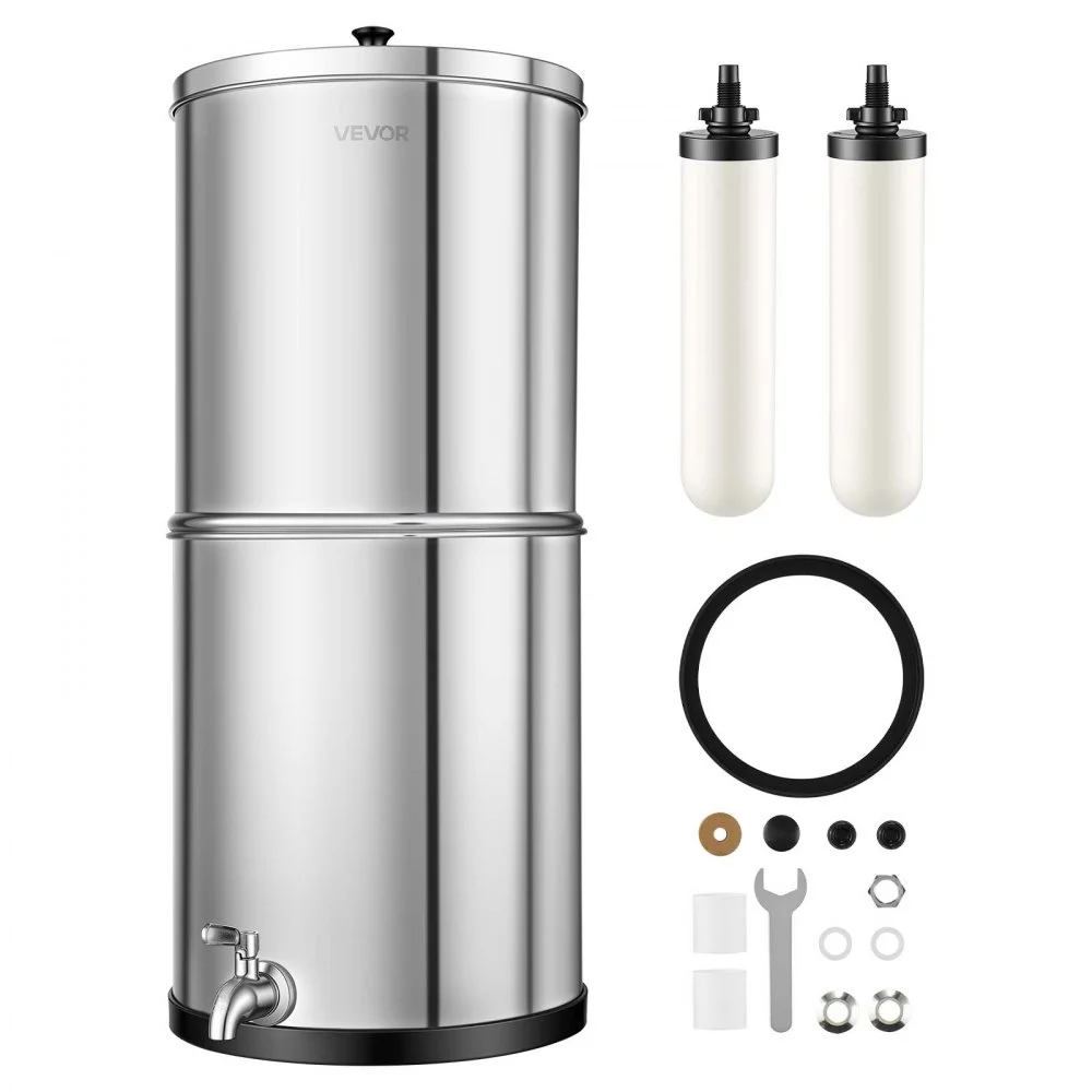 VEVOR Gravity-fed Water Filter System, 3G 304 Stainless-Steel Countertop Water Filtration System, Reduces Lead and up to 99% of Chlorine, with 2 Ceramic Carbon Filters, and Spigot, for Home Camping RV