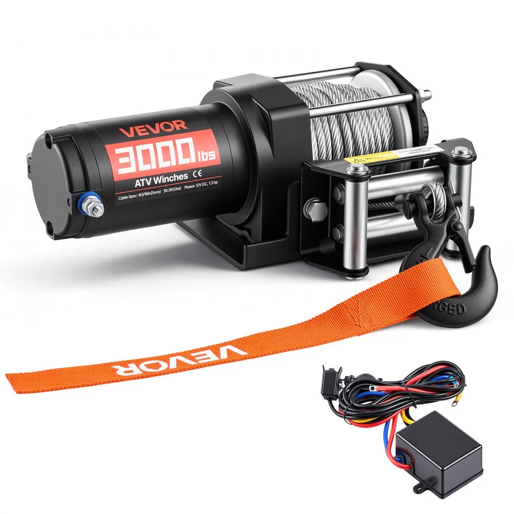 VEVOR 3000 lbs Electric Winch, 12V DC ATV/UTV Winch with Φ3/16 in x 39.4 ft Steel Wire Rope & Wired Remote Control, IP55 Waterproof, Aluminum Housing Fairlead Mount Plate for Towing ATV, Black