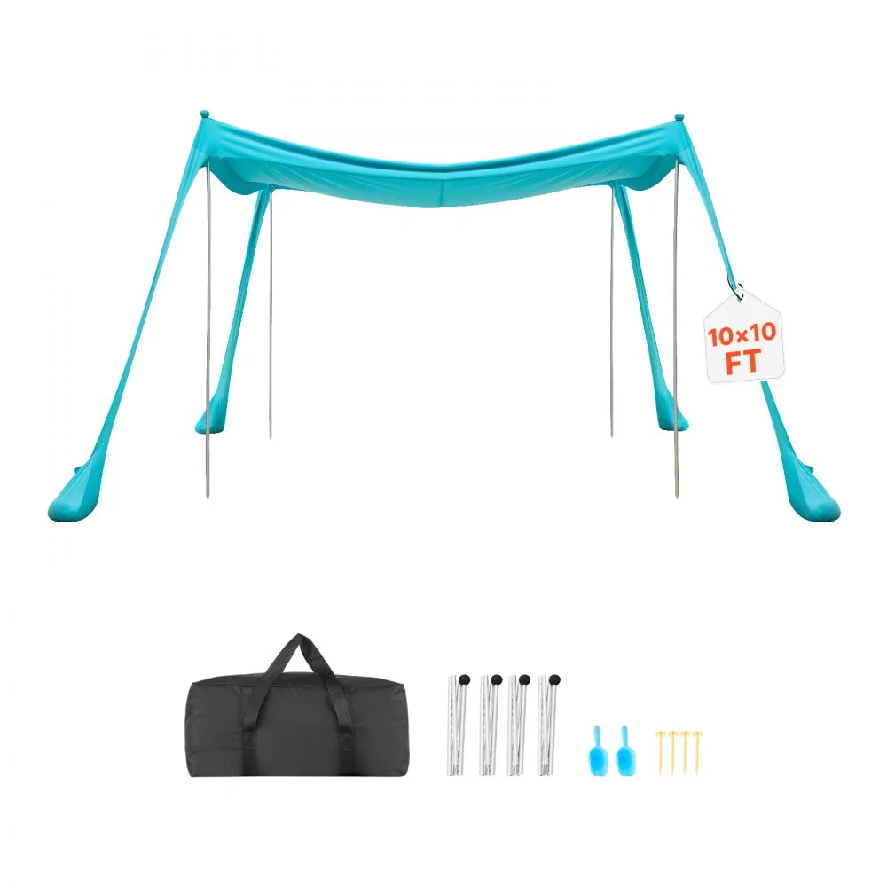 VEVOR Beach Tent Sun Shelter, UPF50+ Sun Protection, 6.6 ft Tall, 10 x 10 ft, Easy Pop Up Beach Canopy with Sandbags, Stability Poles, Sand Shovels, Portable Shade for Family Outings, Camping, Fishing