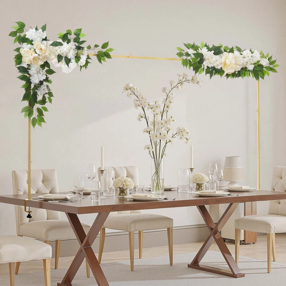 VEVOR Over the Table Rod Stand with Clamps, Adjustable 28"-98" Length & 13"-42" Height, Table Arch Stand with Floral Accessories, Gold Balloon Frame for Wedding Birthday Party Christmas Decoration