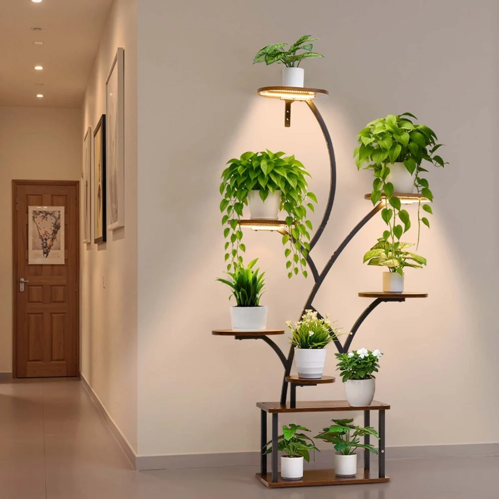 VEVOR Plant Stand Indoor with Grow Lights, 62 in Tall 8-Tier Lighted Plant Shelf, Metal Corner Plants Holder, 3 Timer & 10 Brightness, Tree-Shaped Flower Display Rack for Living Room Balcony Decor