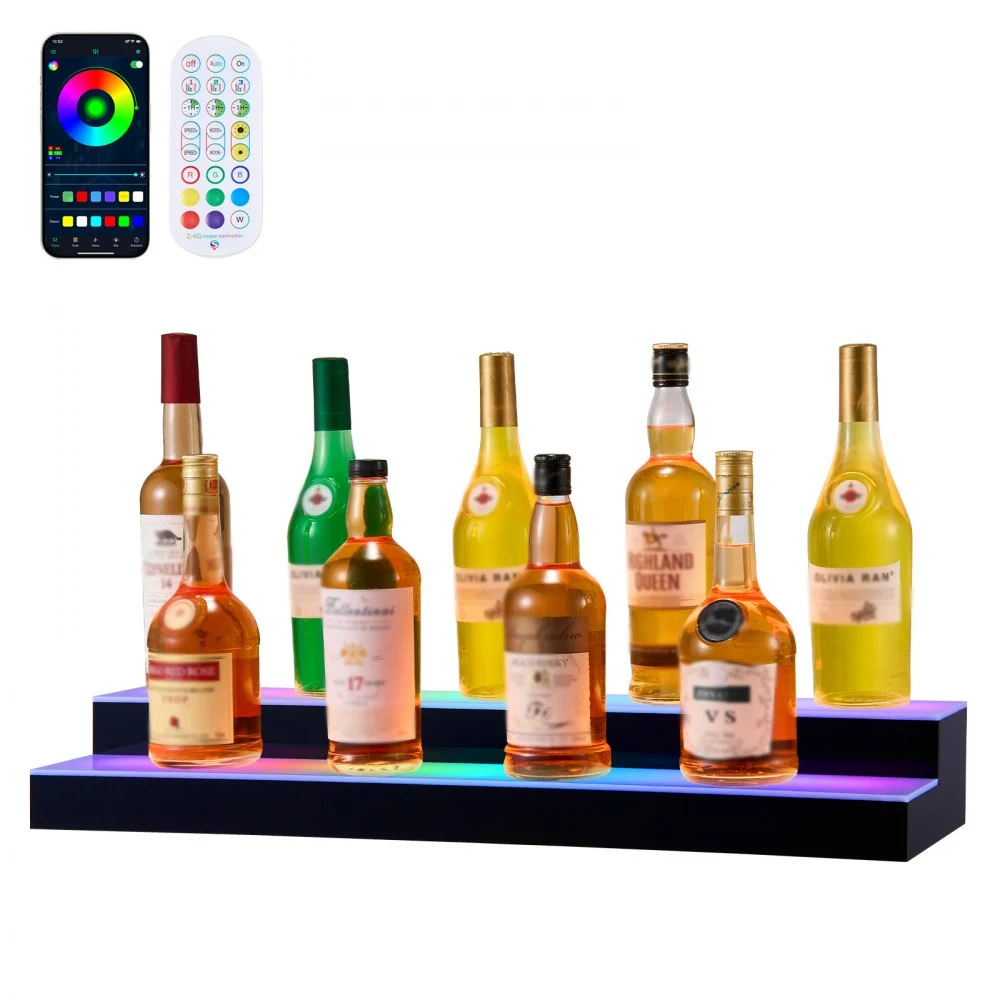 VEVOR LED Lighted Liquor Bottle Display, 2 Tiers 30 inches, Supports USB, Acrylic Illuminated Home Bar Shelf Display with RF Remote & App Control, 9 Static Colors, Timing Mode, for 14-20 Bottles