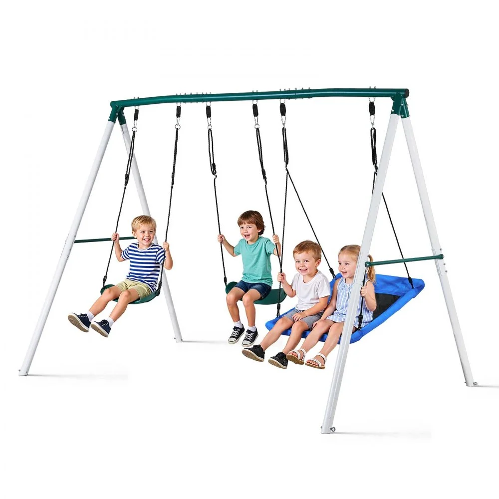 VEVOR Swing Set for Backyard, 45 x 30 in Swing Seat and Two Belt Seats, with Heavy Duty A-Frame Metal Stand, 700 lbs Load Capacity, Reinforced with Spiral Ground Anchors, Swingset Outdoor for Kids