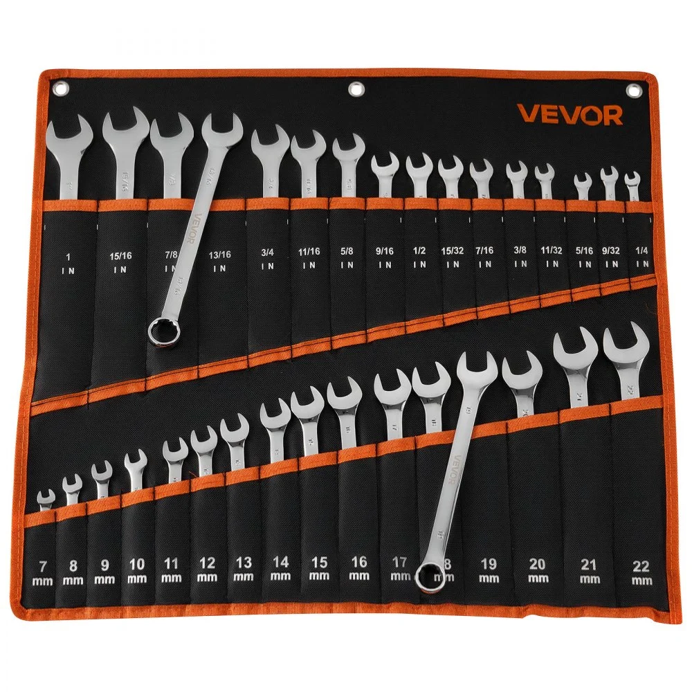 VEVOR Combination Wrench Set, 32-Piece SAE and Metric, 12-Point Box End and 15° Angled Open End Combination Wrenches with Roll Up Pouch, Carbon Steel, for General Household and Automotive Repairs