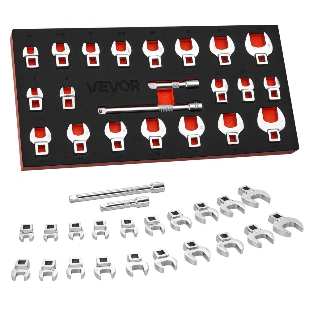 VEVOR Crowfoot Wrench Set, 3/8" Drive, 22-Piece Metric and SAE Size Crows Foot Wrenches, Cr-Mo Alloy Steel, with Storage Tray, Dual Size Markings on Tools and Tray, for Auto Maintenance or Repairs