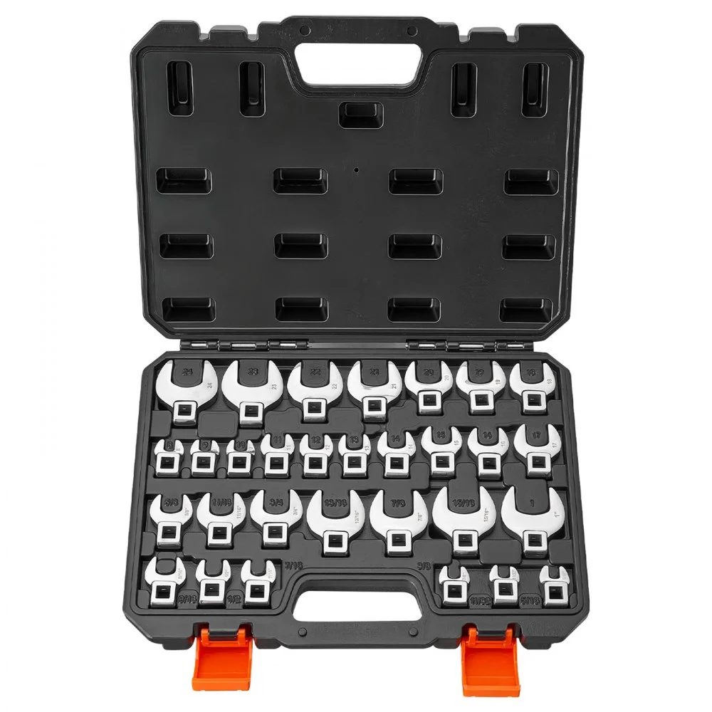 VEVOR Crowfoot Wrench Set, 3/8" Drive, 30-Piece Metric and SAE Size Crows Foot Wrenches, Cr-Mo Alloy Steel, with Storage Case, Dual Size Markings on Tools and Case, for Auto Maintenance or Repairs