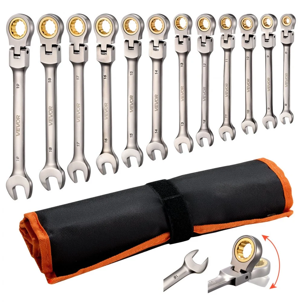 VEVOR Flex-Head Ratcheting Wrench Set, 12-Piece Metric 8 mm to 19 mm, 72 Teeth, Cr-V Steel Ratchet Flexible Combination Wrench Set with Roll Up Pouch, for General Household and Automotive Repairs