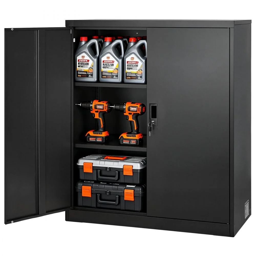 VEVOR Metal Storage Cabinet, 41.7 in Steel Garage Cabinet with 2 Adjustable Shelves, 2 Magnetic Doors & 2 Keys, 3 Tiers Lockable Tool Storage for Pantry, Warehouse, Basement, Office, Black