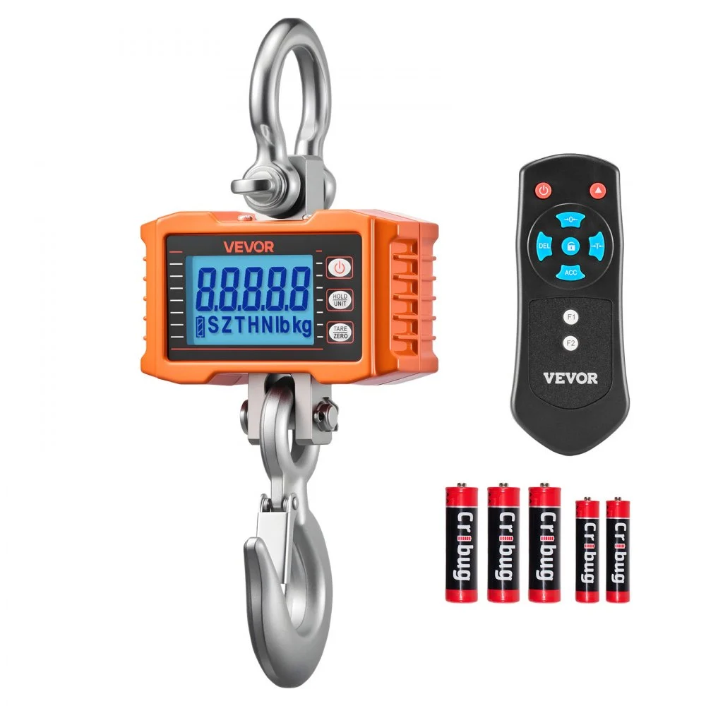 VEVOR Digital Crane Scale, 4400 lbs/2000 kg Max Capacity, Heavy Duty Industrial Hanging Scale with Cast Aluminum Case & LCD Display, 1 lbs Division & 3 Unit Switch, Remote Control for Garage Factory