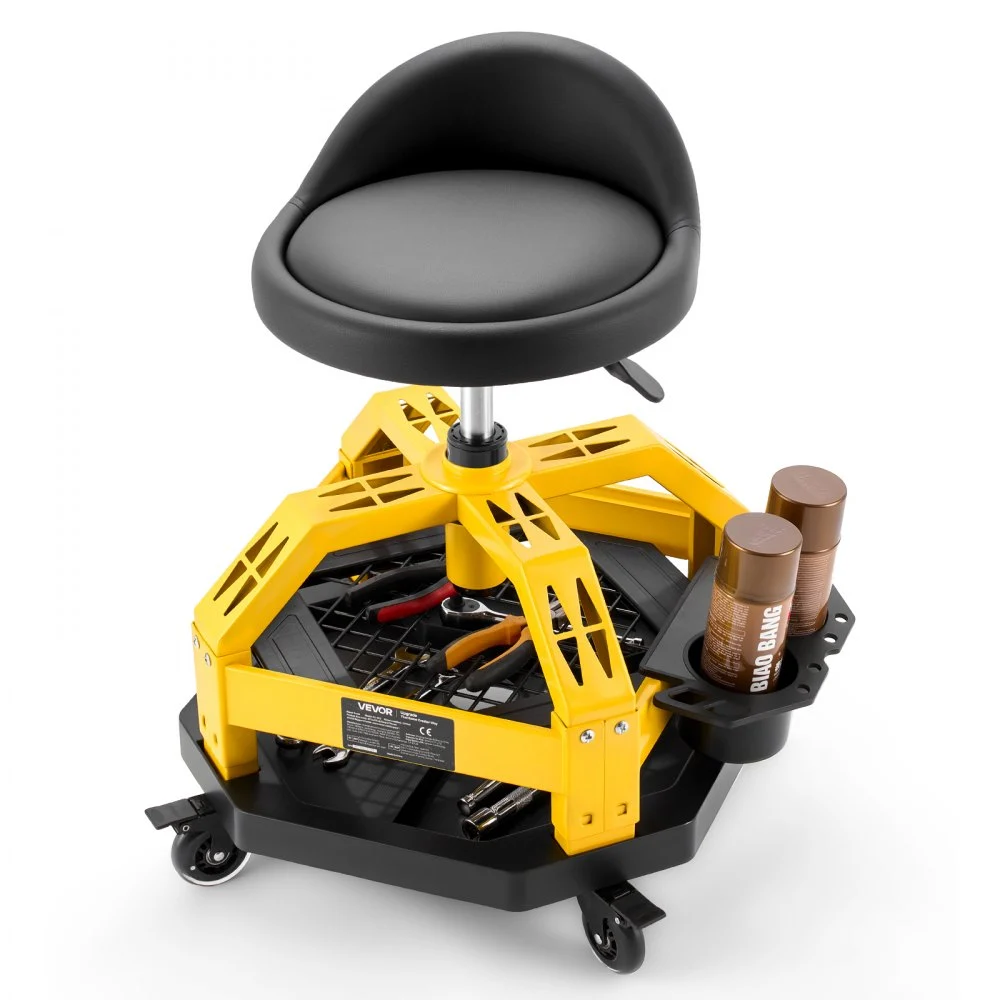 VEVOR Rolling Shop Stool with Wheels, 19.7"-25.6" Adjustable Height, 360° Swivel, 330 lbs Capacity, Garage Work Mechanic Stool with Backrest, Tool Tray Storage, Padded Seat Shop Chair, Black/Yellow